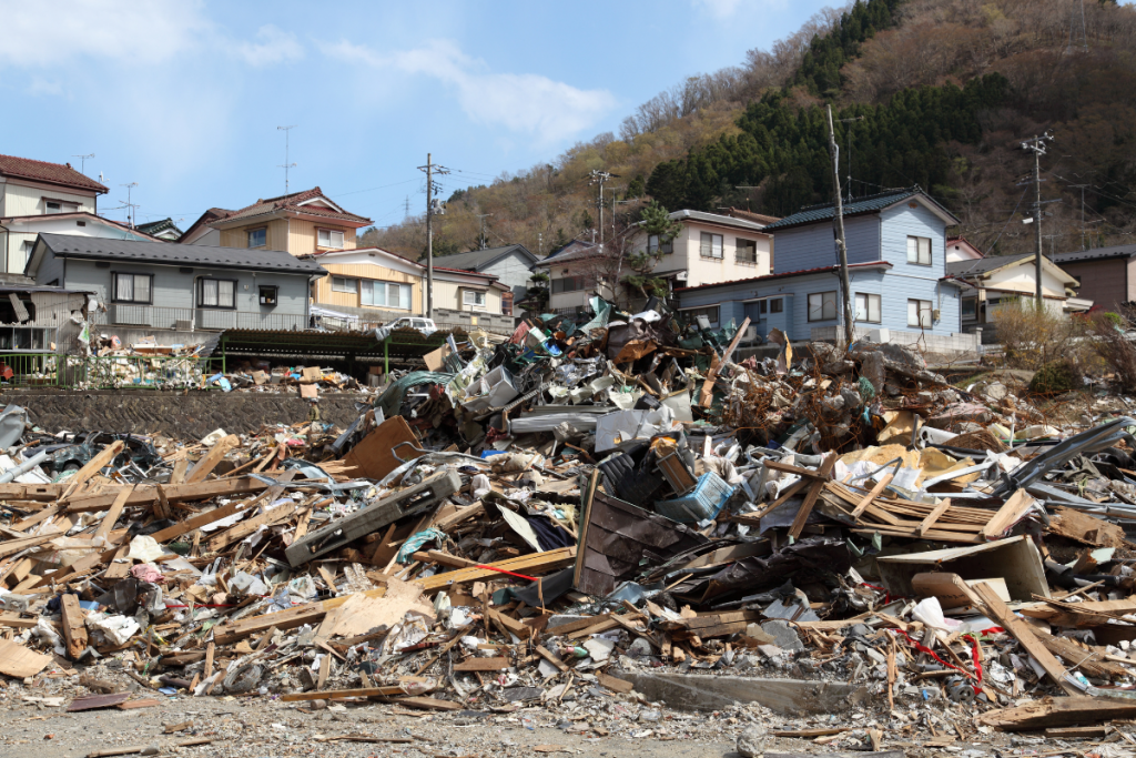 Damaged buildings and wreckage in Eastern Japan