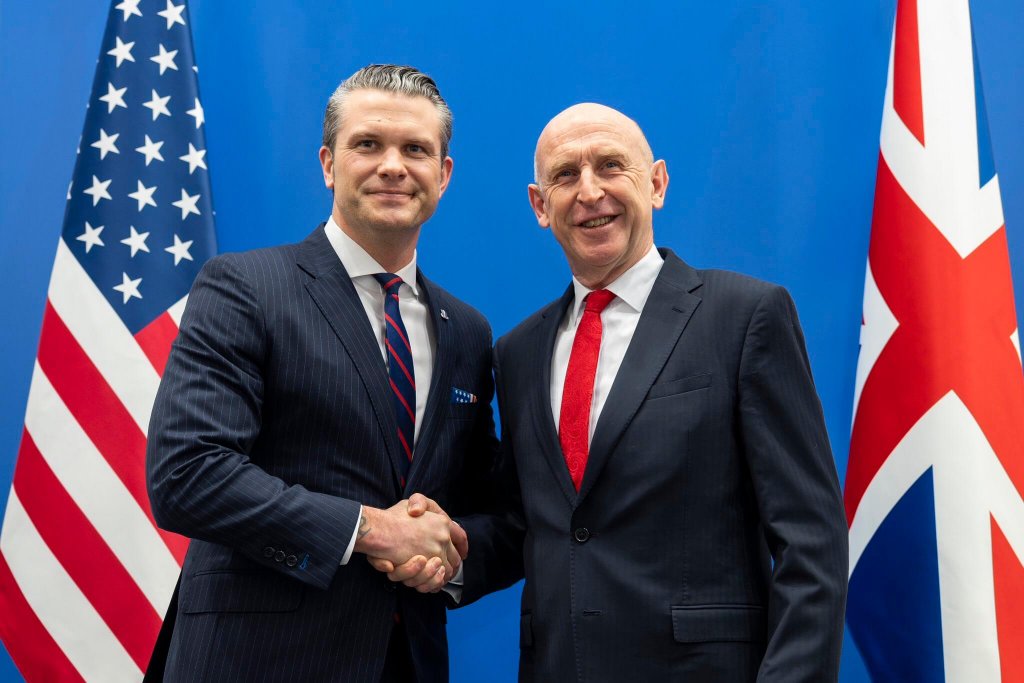 U.S. Secretary of Defense Pete Hegseth (left) shakes hands with UK Secretary of State for Defence John Healey (right) at a meeting in February 2025